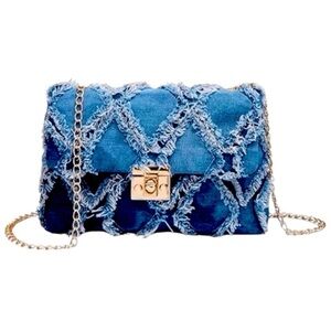 Bohemian Denim Crossbody Bag with Gold Chain Strap and Turn Lock Closure NEW